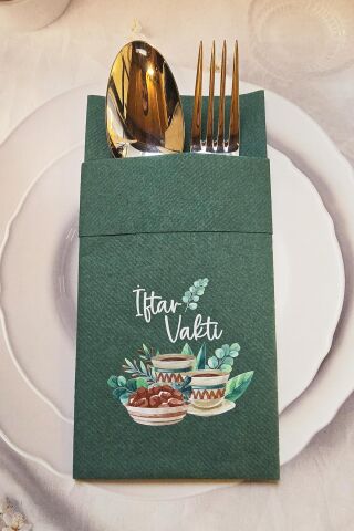 Kumaş Dokulu Ramazan Peçetesi Cepli Yeşil İftar Vakti Yazılı Peçete Yeşil 6lı Paket