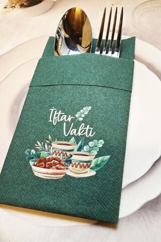 Kumaş Dokulu Ramazan Peçetesi Cepli Yeşil İftar Vakti Yazılı Peçete Yeşil 6lı Paket