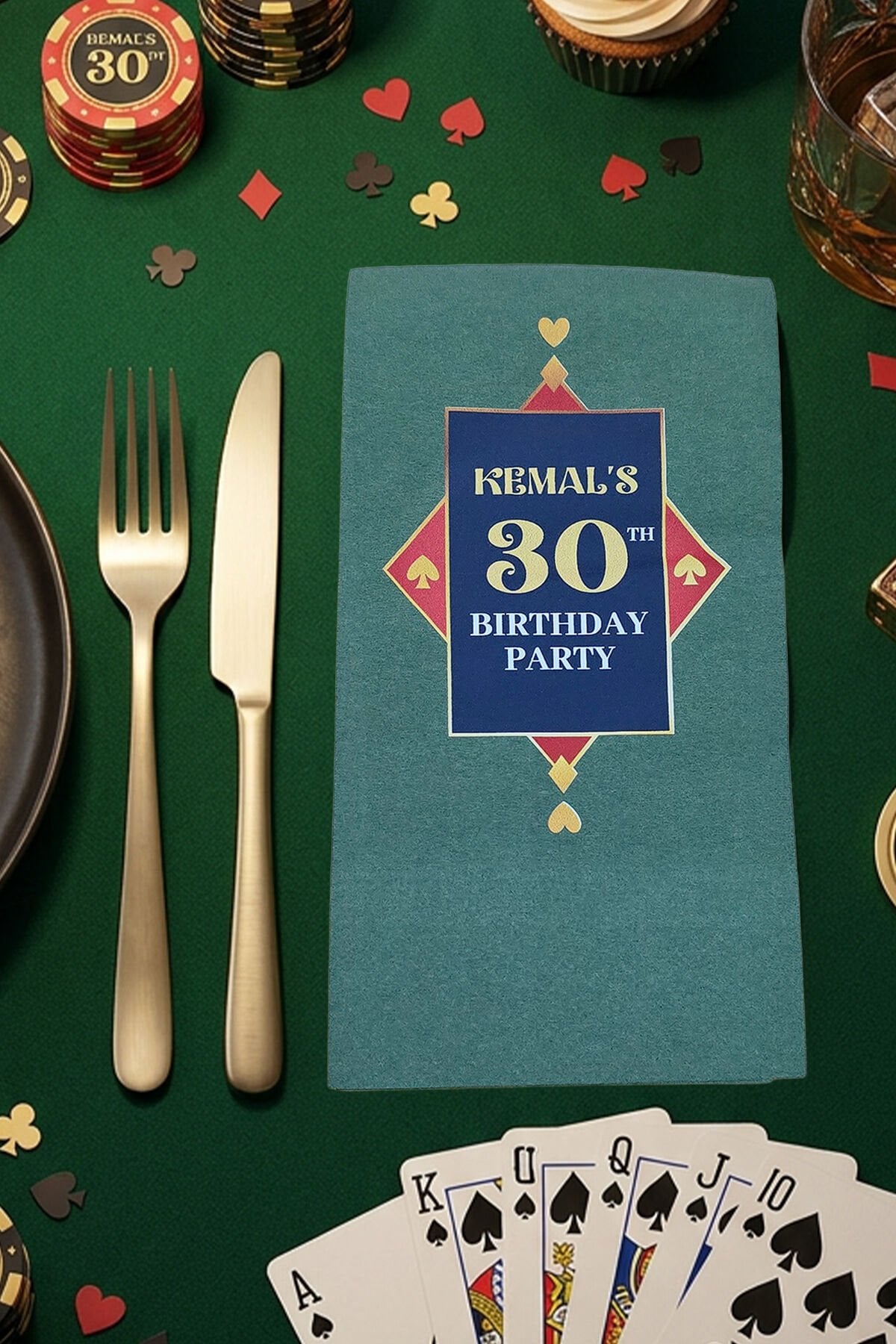 Poker Konsept İskambil Kart Yeşil Baskılı Peçete