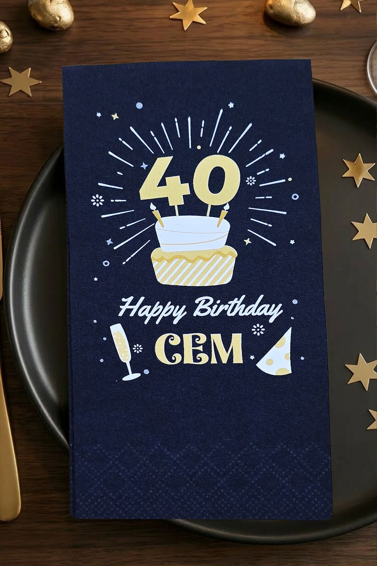 Yaş Detaylı Pastalı Konsept Siyah Baskılı Peçete