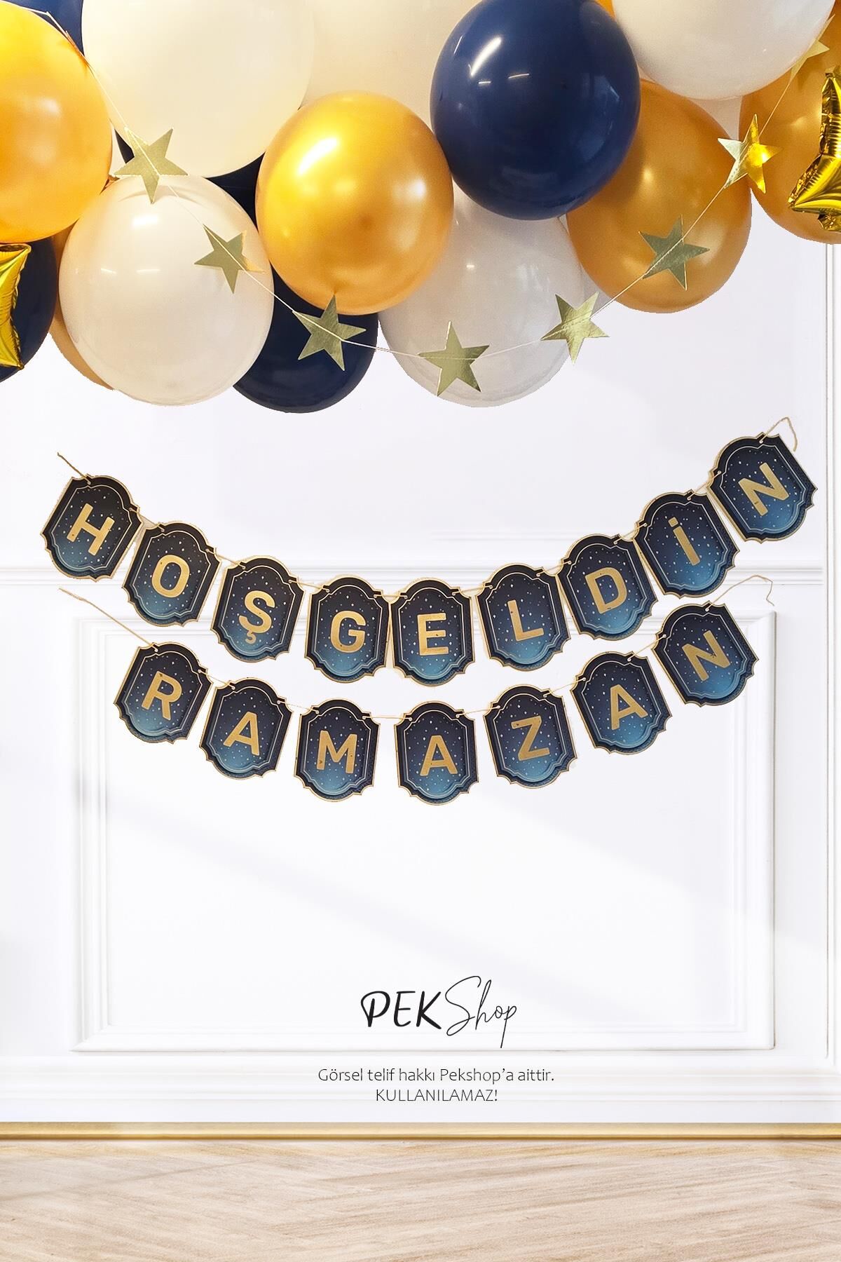 Lacivert Gold Varaklı Hoşgeldin Ramazan Yazısı Banner Uzar Yazı Ramazan Süsü