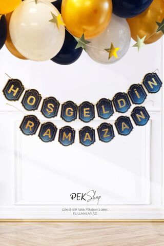 Lacivert Gold Varaklı Hoşgeldin Ramazan Yazısı Banner Uzar Yazı Ramazan Süsü