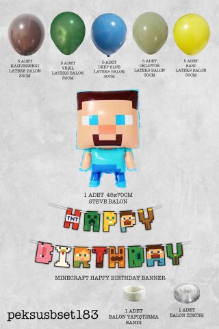 Minecraft Tema Doğum Günü Balon Zinciri Steve Balonlu Bannerlı