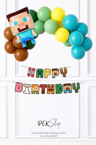 Minecraft Tema Doğum Günü Balon Zinciri Steve Balonlu Bannerlı