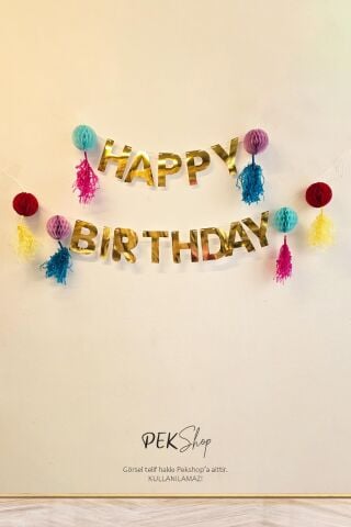 Petekli Püsküllü Gold Happy Birthday Banner Süs Seti Doğum Günü Duvar Süsü