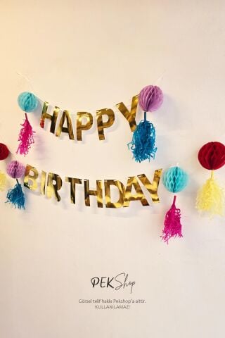 Petekli Püsküllü Gold Happy Birthday Banner Süs Seti Doğum Günü Duvar Süsü