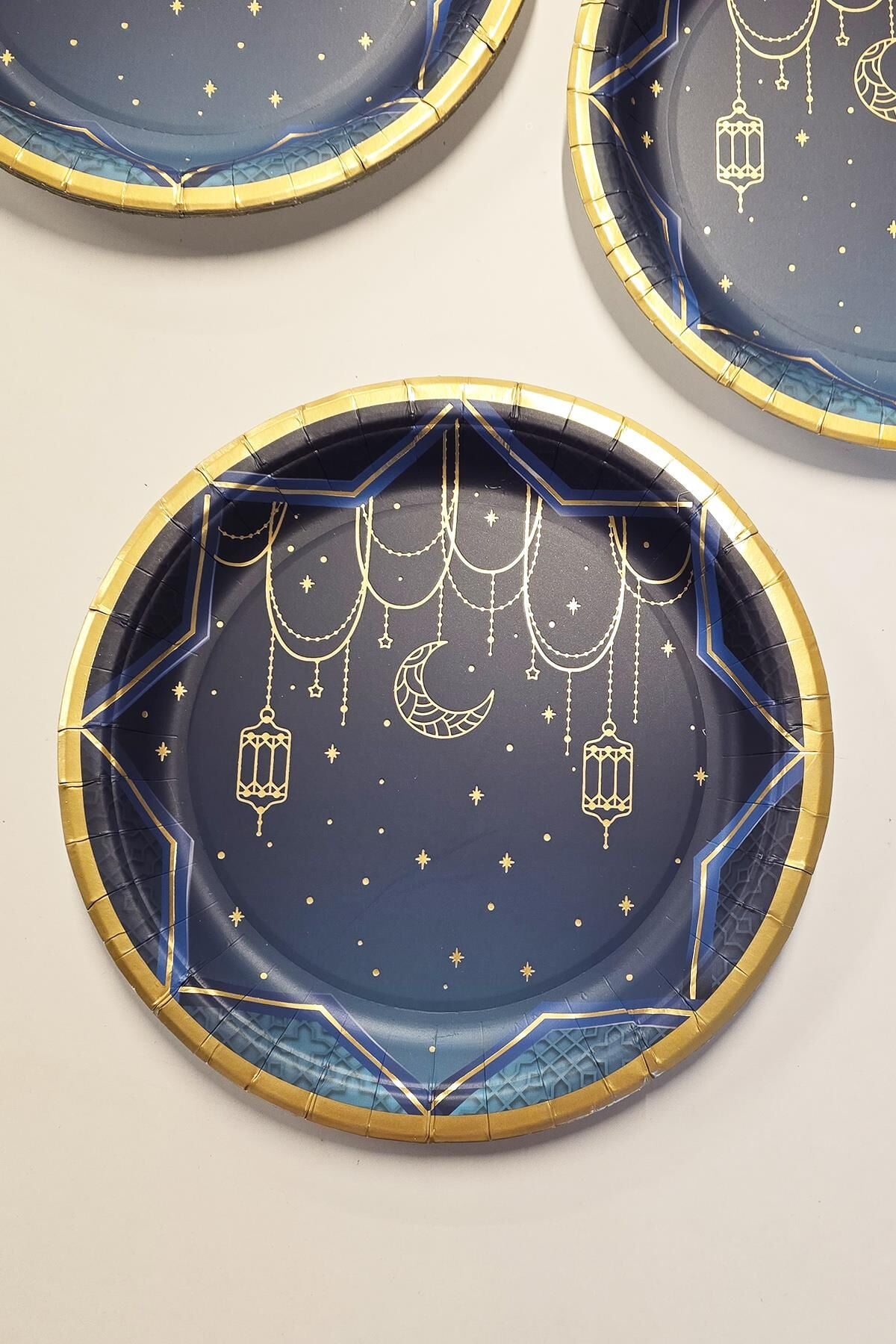 Lacivert Gold Varaklı Ramazan Tabak 8li Dini Motifli Ramazan Sofrası Karton Tabak