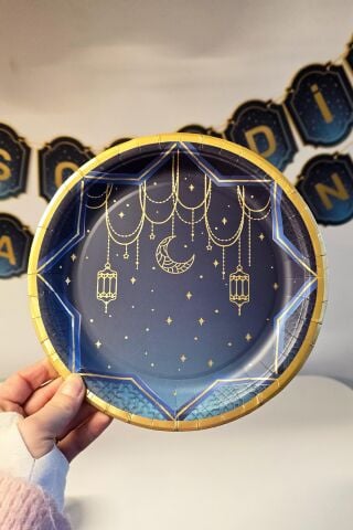 Lacivert Gold Varaklı Ramazan Tabak 8li Dini Motifli Ramazan Sofrası Karton Tabak