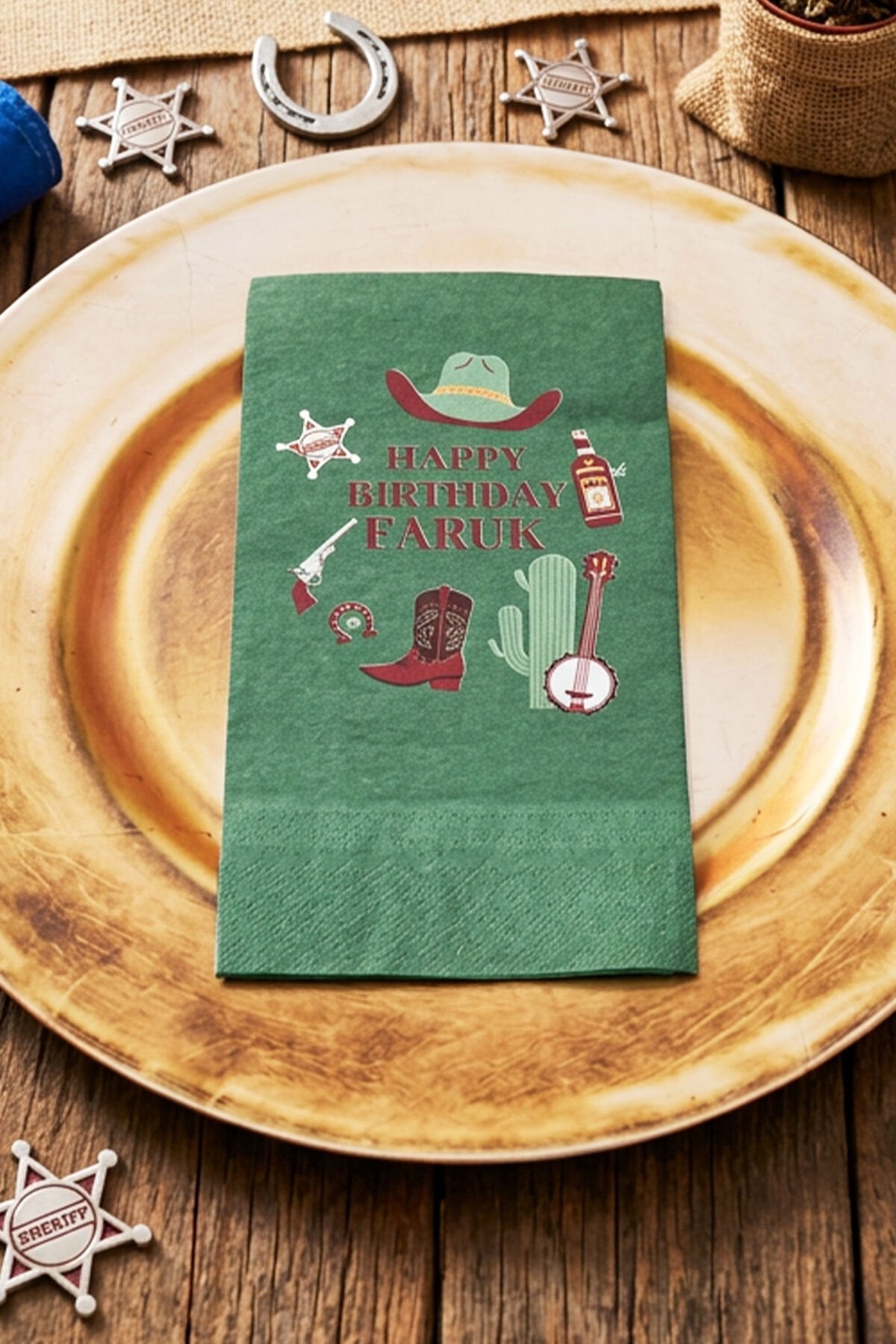 Kovboy Konsept Baskılı Yeşil Peçete