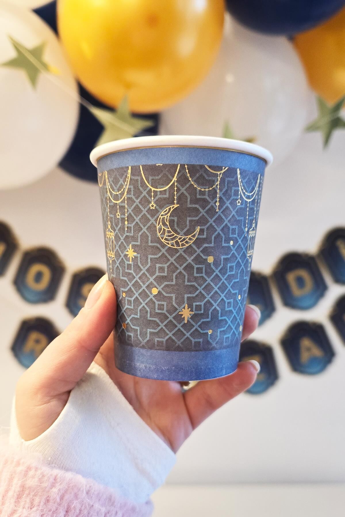 Lacivert Gold Varaklı Ramazan Bardak Dini Motifli Ramazan Sofrası Karton Bardak 8li