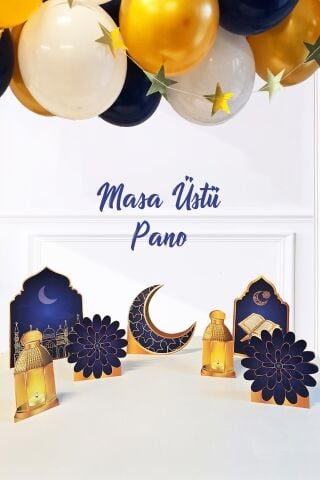 Dini Motifler Ramazan Süslemeleri Masa Üzeri Ayaklı Pano Seti Lacivert Ramazan Sofrası Süsleri