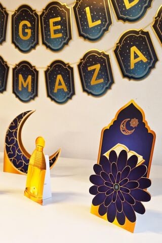 Dini Motifler Ramazan Süslemeleri Masa Üzeri Ayaklı Pano Seti Lacivert Ramazan Sofrası Süsleri