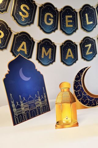 Dini Motifler Ramazan Süslemeleri Masa Üzeri Ayaklı Pano Seti Lacivert Ramazan Sofrası Süsleri