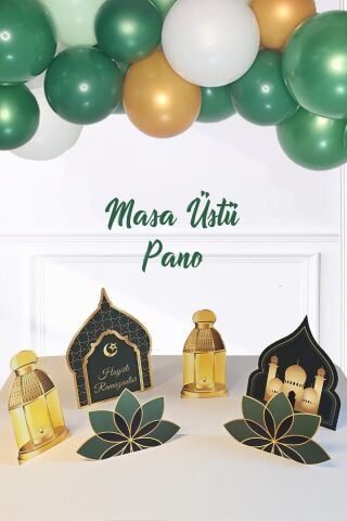 Ramazan Süslemeleri Masa Üzeri Ayaklı Pano Seti Yeşil Gold Hayırlı Ramazanlar Ramazan Sofrası Süsleri