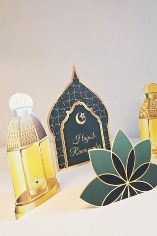Ramazan Süslemeleri Masa Üzeri Ayaklı Pano Seti Yeşil Gold Hayırlı Ramazanlar Ramazan Sofrası Süsleri