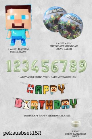 Minecraft Tema Steve Balonlu Doğum Günü Balon Seti