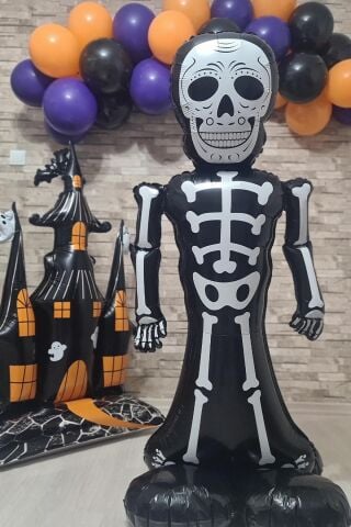 Ayaklı Siyah İskelet Folyo Balon Cadılar Bayramı Halloween Süsleri Dev İskelet Folyo Balon