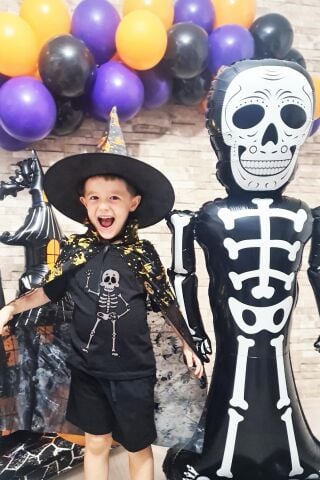 Ayaklı Siyah İskelet Folyo Balon Cadılar Bayramı Halloween Süsleri Dev İskelet Folyo Balon