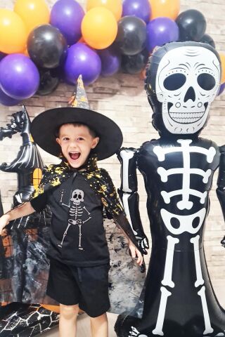 Ayaklı Siyah İskelet Folyo Balon Cadılar Bayramı Halloween Süsleri Dev İskelet Folyo Balon