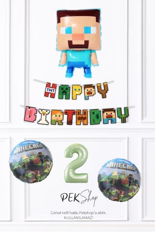 Minecraft Tema Steve Balonlu Doğum Günü Balon Seti 2