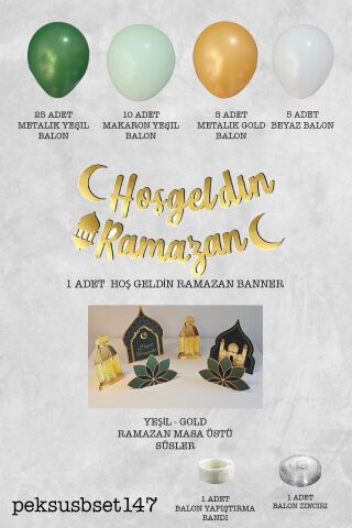 Ramazan Masa Süsleme Seti Ev Okul Ramazan Süslemeleri Gold Bannerlı Balonlu Yeşil Gold Maketli Paket