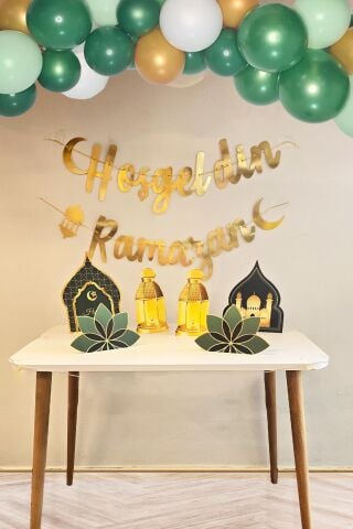 Ramazan Masa Süsleme Seti Ev Okul Ramazan Süslemeleri Gold Bannerlı Balonlu Yeşil Gold Maketli Paket