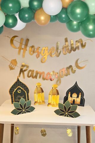 Ramazan Masa Süsleme Seti Ev Okul Ramazan Süslemeleri Gold Bannerlı Balonlu Yeşil Gold Maketli Paket