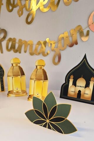 Ramazan Masa Süsleme Seti Ev Okul Ramazan Süslemeleri Gold Bannerlı Balonlu Yeşil Gold Maketli Paket