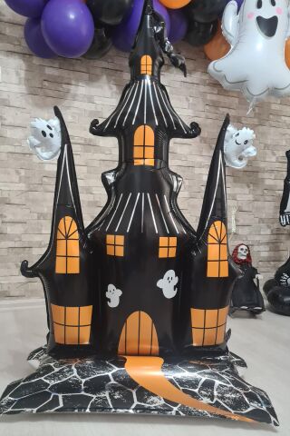 Ayaklı Şato Folyo Balon Yerde Durabilen Hayaletli Cadılar Bayramı Şatosu Halloween Süsleri