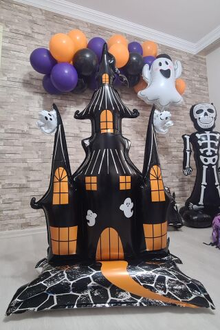 Ayaklı Şato Folyo Balon Yerde Durabilen Hayaletli Cadılar Bayramı Şatosu Halloween Süsleri