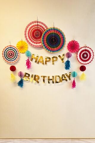 Petekli Püsküllü Gold Happy Birthday Banner Süs ve Retro Yelpaze Duvar Süsleri Seti Doğum Günü Duvar Süsü