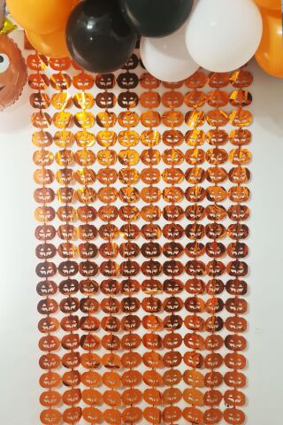 Halloween Metalik Bal Kabağı Fon Perde Kapı Perdesi Cadılar Bayramı Arka Fon Süs Parlak
