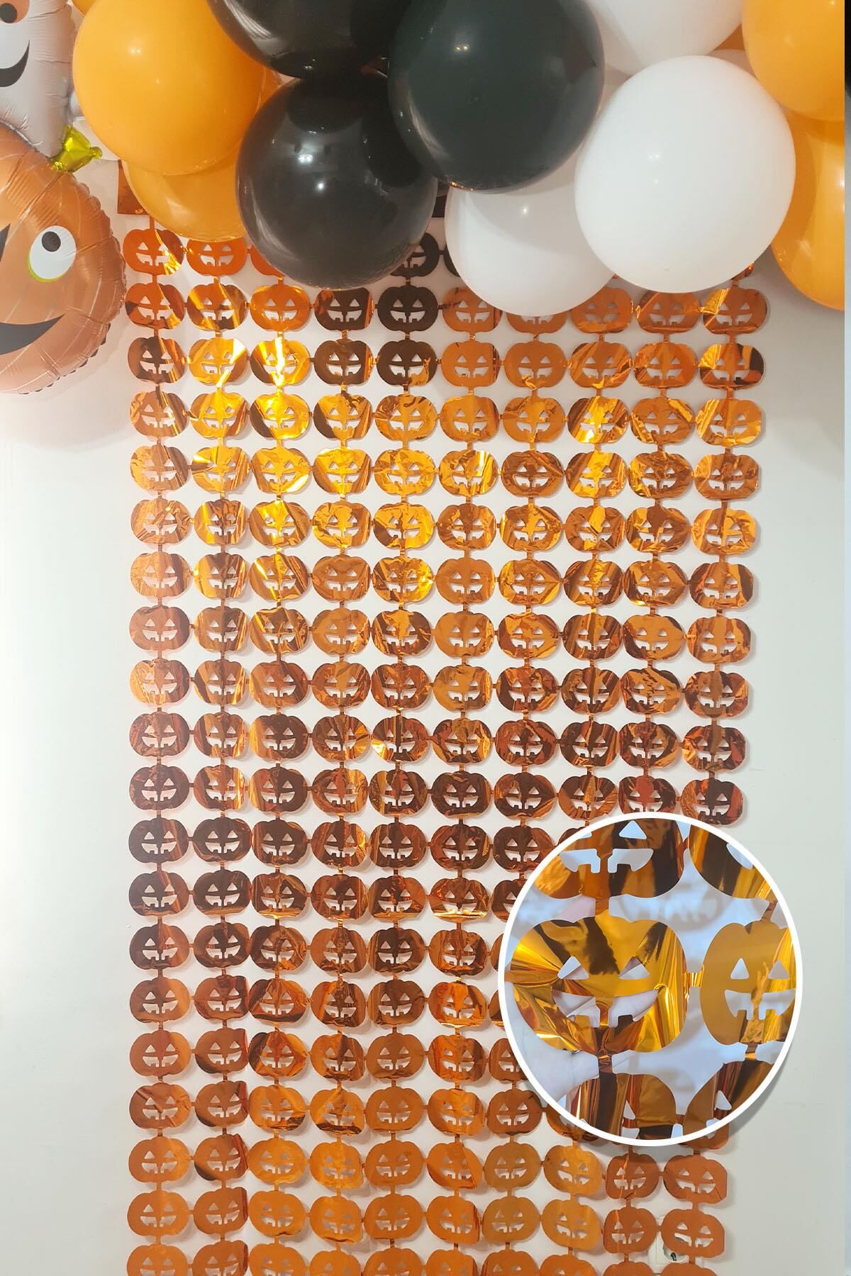 Halloween Metalik Bal Kabağı Fon Perde Kapı Perdesi Cadılar Bayramı Arka Fon Süs Parlak