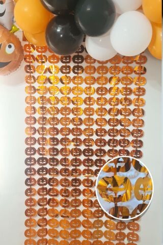 Halloween Metalik Bal Kabağı Fon Perde Kapı Perdesi Cadılar Bayramı Arka Fon Süs Parlak