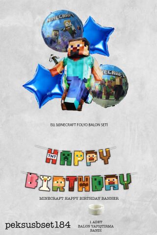 Minecraft Konsept Doğum Günü Seti Happy Bithday Banner ve 5li Balon Seti