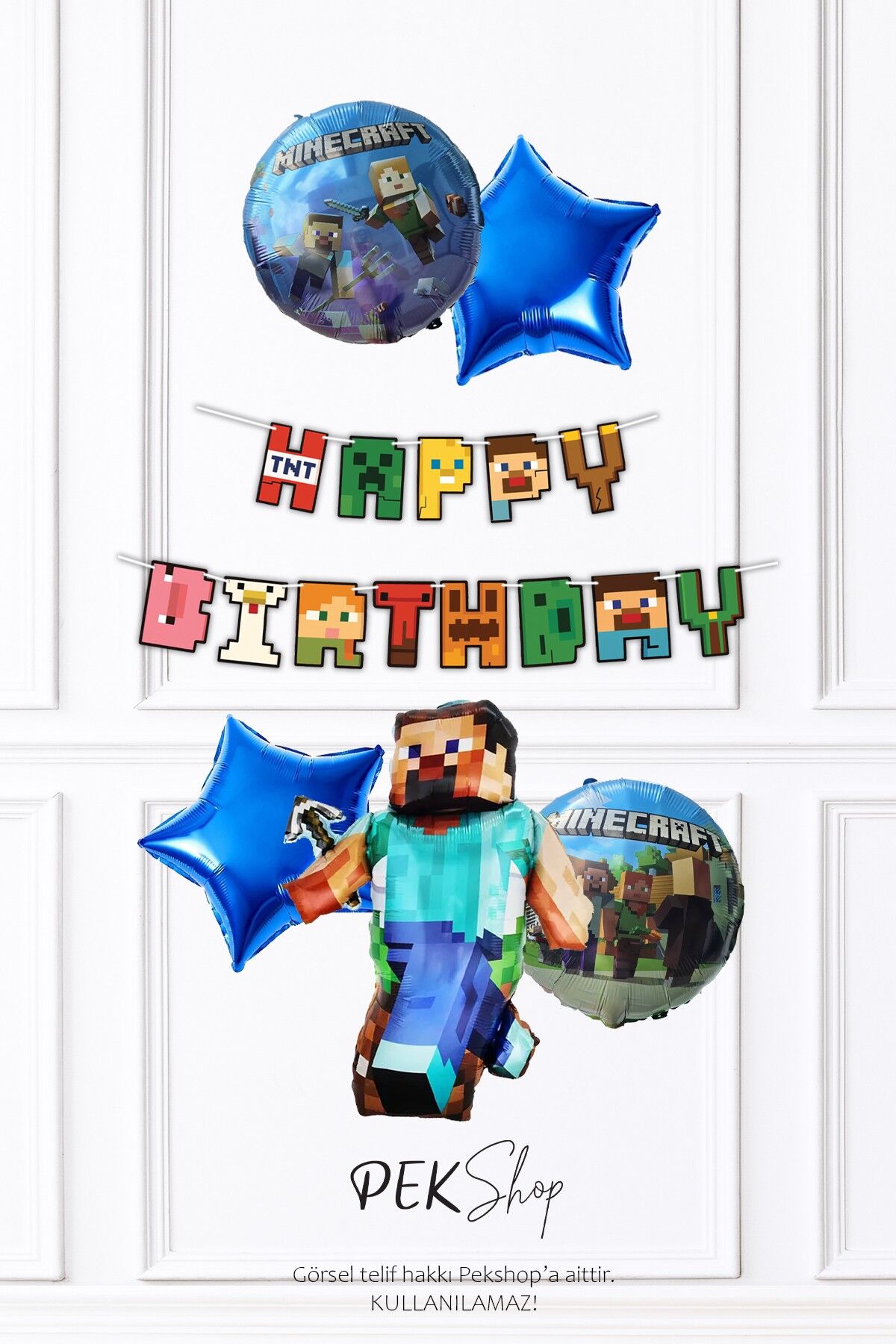 Minecraft Konsept Doğum Günü Seti Happy Bithday Banner ve 5li Balon Seti