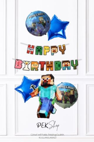 Minecraft Konsept Doğum Günü Seti Happy Bithday Banner ve 5li Balon Seti
