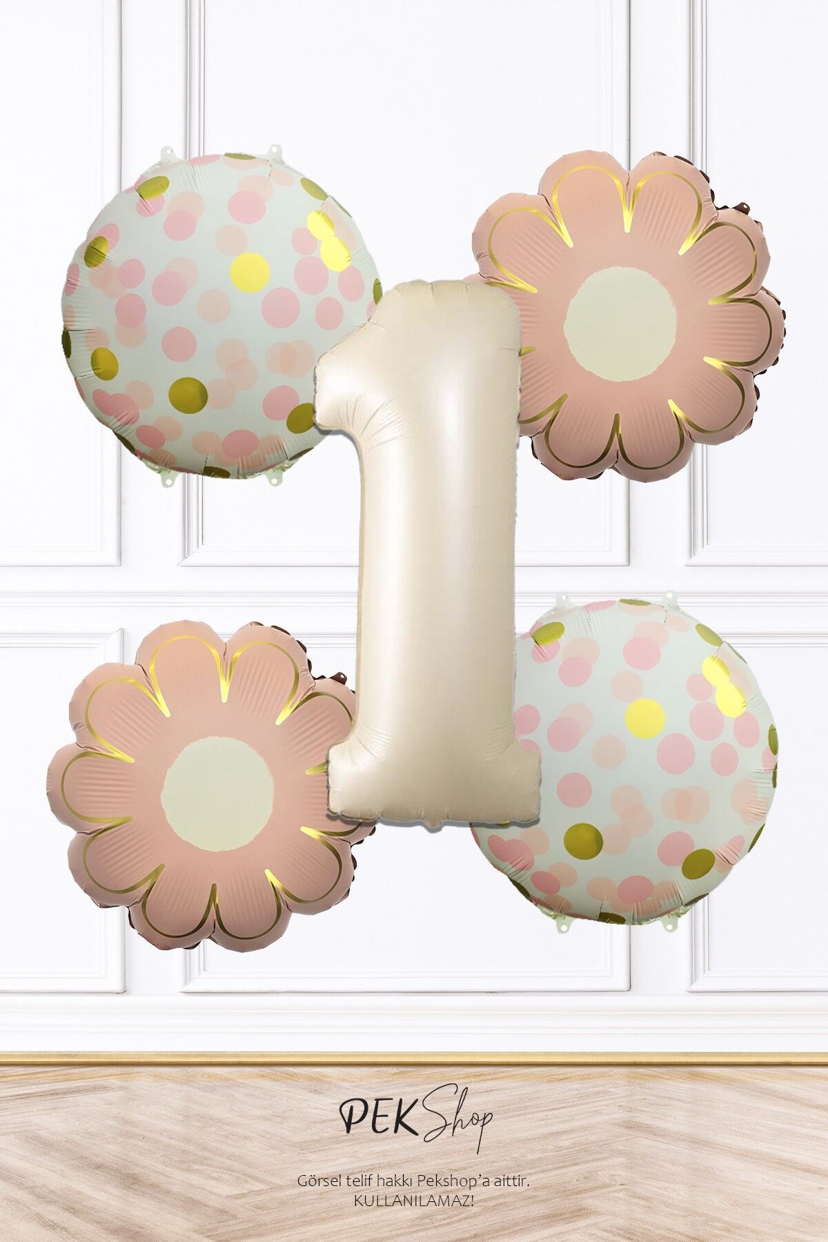 Pembe Çiçekler ve Konfeti Tema Krem Yaş Balonlu Doğum Günü Balon Seti