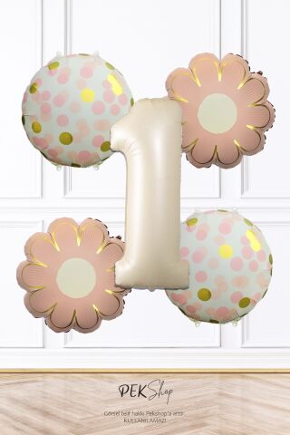Pembe Çiçekler ve Konfeti Tema Krem Yaş Balonlu Doğum Günü Balon Seti