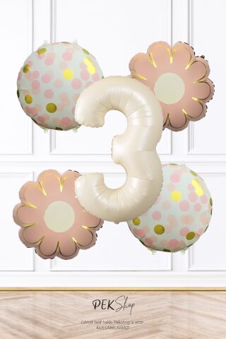 Pembe Çiçekler ve Konfeti Tema Krem Yaş Balonlu Doğum Günü Balon Seti