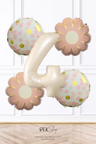 Pembe Çiçekler ve Konfeti Tema Krem Yaş Balonlu Doğum Günü Balon Seti