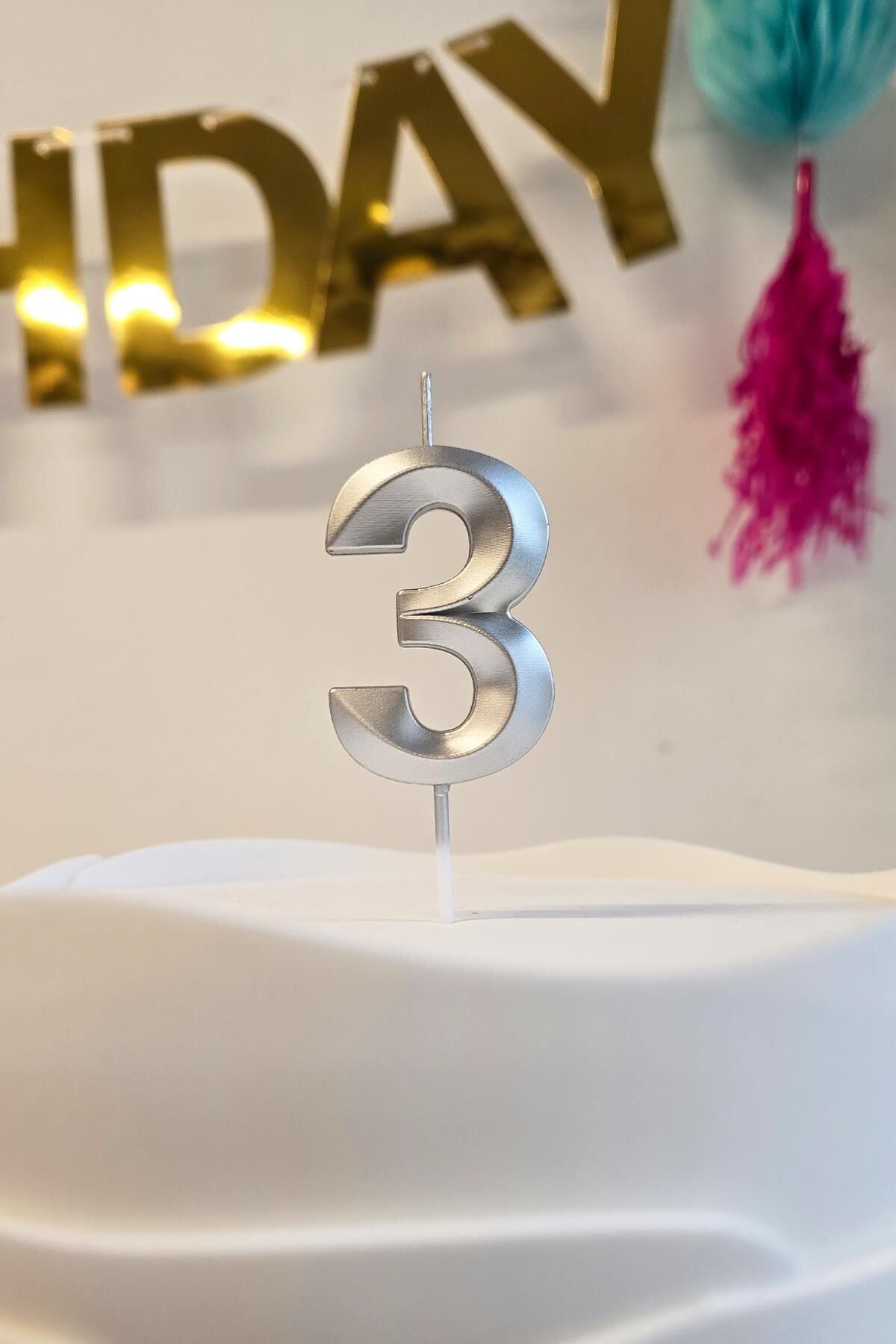 3 Yaş Gümüş Mum Rakam Pasta Mumu Yaş Mum Gümüş Renk