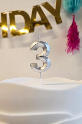 3 Yaş Gümüş Mum Rakam Pasta Mumu Yaş Mum Gümüş Renk
