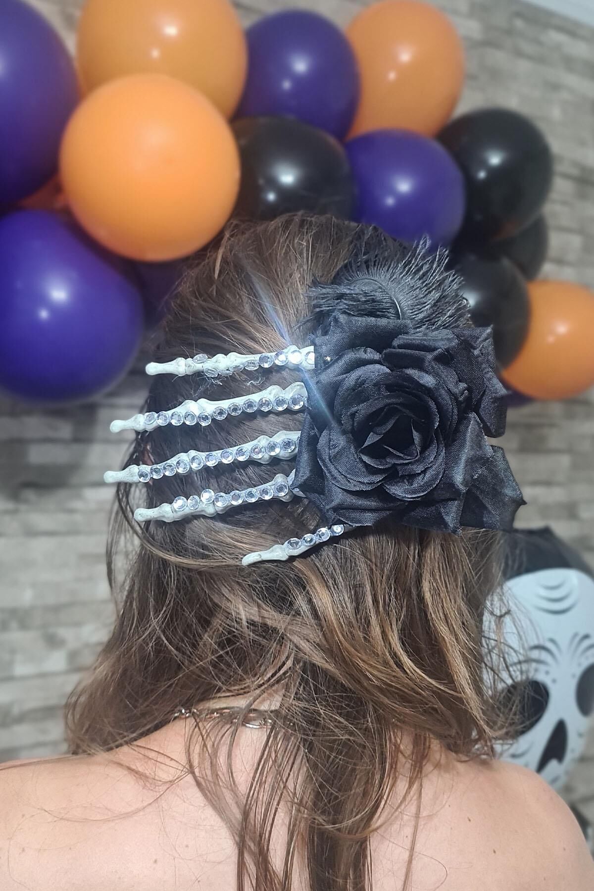 Çiçekli Parlak İskelet Eli Cadılar Bayramı Tokası Halloween Saç Tokası Aksesuarları