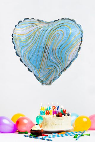 Mavi Mermer Kalp Folyo Balon Retro Balon Kalp Şekilli 18inç 45cm