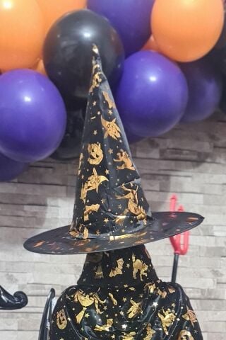 Cadılar Bayramı Şapkası Lüks Siyah Üzeri Gold Baskılı