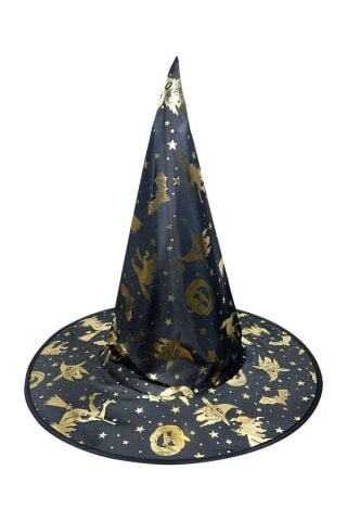 Cadılar Bayramı Şapkası Lüks Siyah Üzeri Gold Baskılı