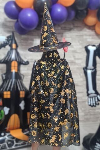 Cadılar Bayramı Pelerin Lüks Siyah Üzeri Gold Baskılı Halloween Pelerin