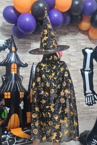 Cadılar Bayramı Pelerin Lüks Siyah Üzeri Gold Baskılı Halloween Pelerin