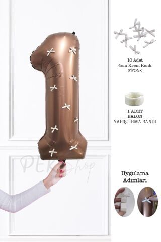 Fiyonklu Retro Çikolata Kahve Rakam Balon 80 cm Fiyonk Kurdeleli